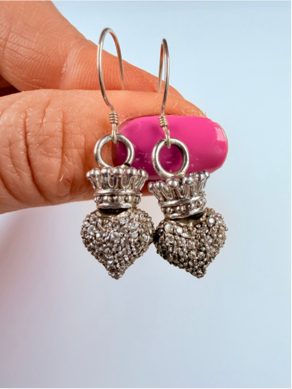 King Baby Queen 3D Cubic Zirconia Crowned Heart 925 Sterling Silver Earrings
